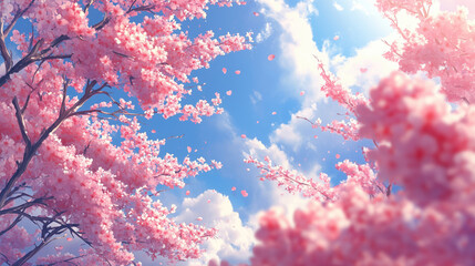Pink cherry blossoms, bright sky, gentle clouds
