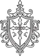 Medieval warriors weapon vector illustration. Crossed axes, shield and castle