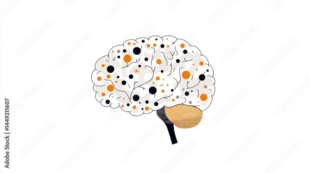 Poster dotted brain outline illustrating cognitive patterns creative space graphic design minimalist style 