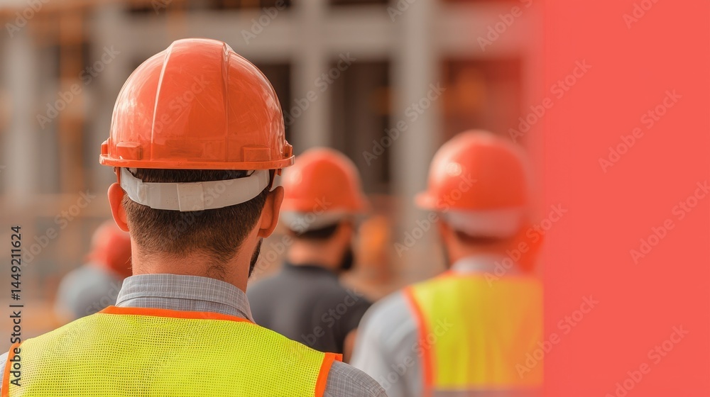 Poster Chief engineer consult with team concept. Construction workers in hard hats observe a site, emphasizing safety and teamwork.