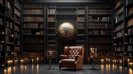 Moody dark academia bookshelf with antique books and leather chair Generative AI