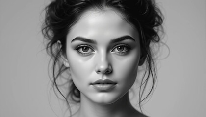 Graceful Gaze: An elegant portrait showcases a woman with captivating beauty, the refined details captured in timeless monochrome