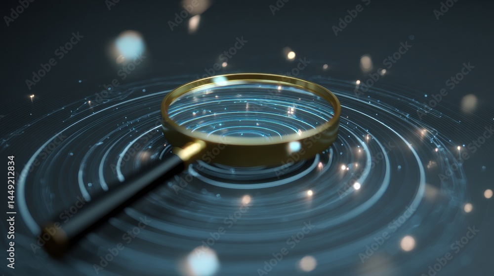 Poster goal setting concept magnifying glass over swirling patterns with sparkling light effects.