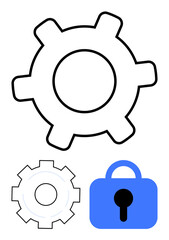 Gear icons in black and white paired with a blue padlock symbolizing security, functionality, and system integration. Ideal for security, systems, technology, development, engineering, process