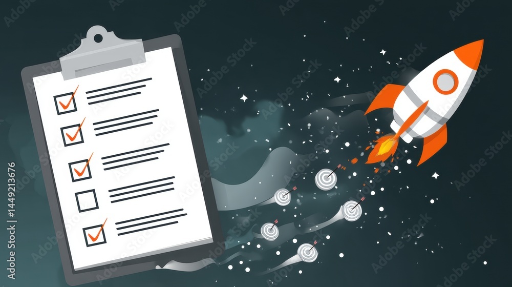 Aufkleber goal setting concept checklist and rocket illustration symbolizing progress and productivity.