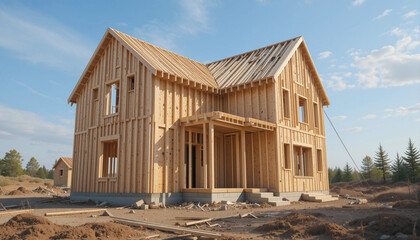 New Home Frame: A newly constructed house, its wooden framework exposed against a vibrant blue sky, showcasing the early stages of residential architecture.