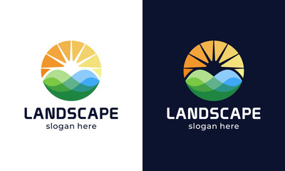 Farmland landscape logo design. Abstract Farm food badge vector design with Sun and mountain peak graphic icon symbol