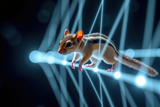 A small chipmunk walks on glowing, futuristic lines against a dark background. - Powered by Adobe