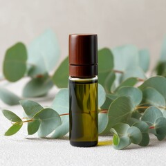 Glass Bottle of Natural Essential Oil with Eucalyptus Leaves for Organic Aromatherapy and Botanical Wellness Concept