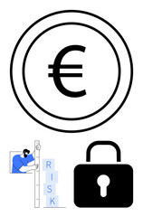 Euro symbol, padlock, person assessing risk using stacked blocks. Ideal for finance, security, business strategy, investment, risk management, economic analysis simple landing page