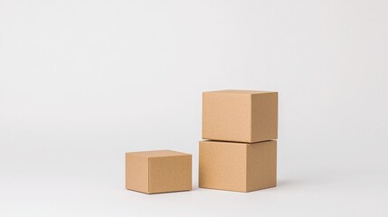 Obraz premium Three plain cardboard boxes are arranged on a white background, with two stacked and one beside them, creating a minimalistic scene.