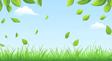 A cheerful springtime scene of leaves falling gently from trees above a field of vibrant grass.