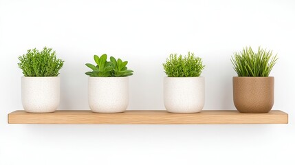 Fototapeta premium Four potted plants are neatly arranged on a wooden shelf against a plain white wall.