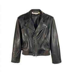 Black leather jacket, worn style, zipped front,  with visible stitching and details