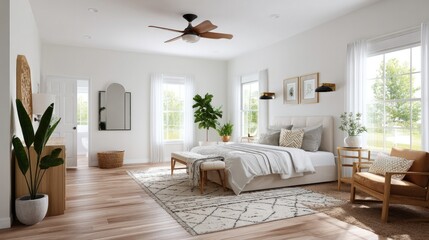 Fototapeta premium Serene Bedroom Interior: A spacious and elegantly designed bedroom interior bathed in natural light, offering a sense of tranquility and comfort.