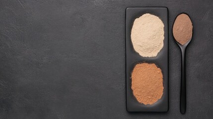 Fototapeta premium Two piles of powder, one light and one dark, are arranged on a black rectangular plate with a spoon of brown powder on a dark textured background.