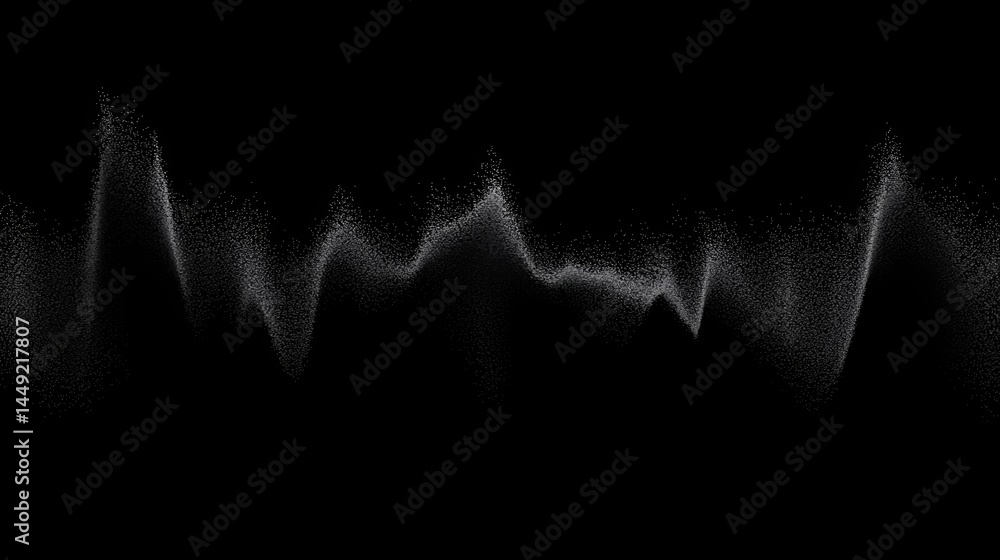 Poster abstract waveform made of white particles on a black background, resembling a soundwave or data visu
