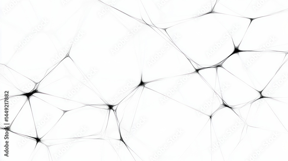 Poster abstract network of thin black lines and nodes on a white background, resembling a neural or molecul