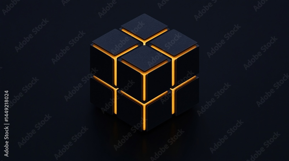 Poster a glowing black cube with illuminated orange edges sits on a dark background, creating a futuristic 