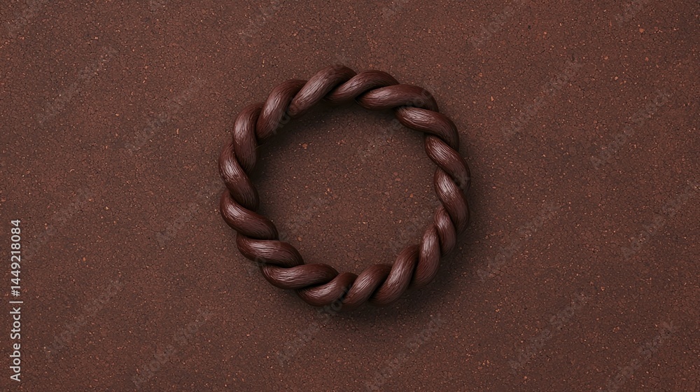Poster a twisted chocolate ring sits on a textured brown surface, creating a simple and elegant presentatio