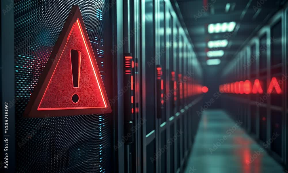 Poster red exclamation mark on a triangular sign in a server room with a data center, a concept of a chaoti