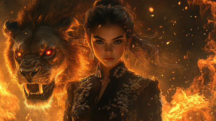 Fiery woman and lion in flames