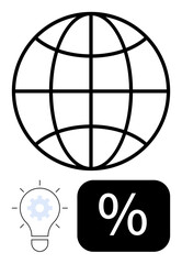 Globe for worldwide reach, light bulb with gear for innovation and ideas, percentage for finance or statistics. Ideal for business, education, technology, innovation, economics, analytics teamwork
