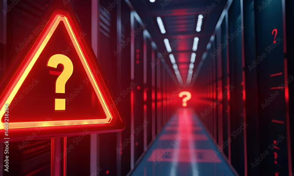 Poster a red triangle with an exclamation mark inside, floating in front of a dark, high-tech server room. 