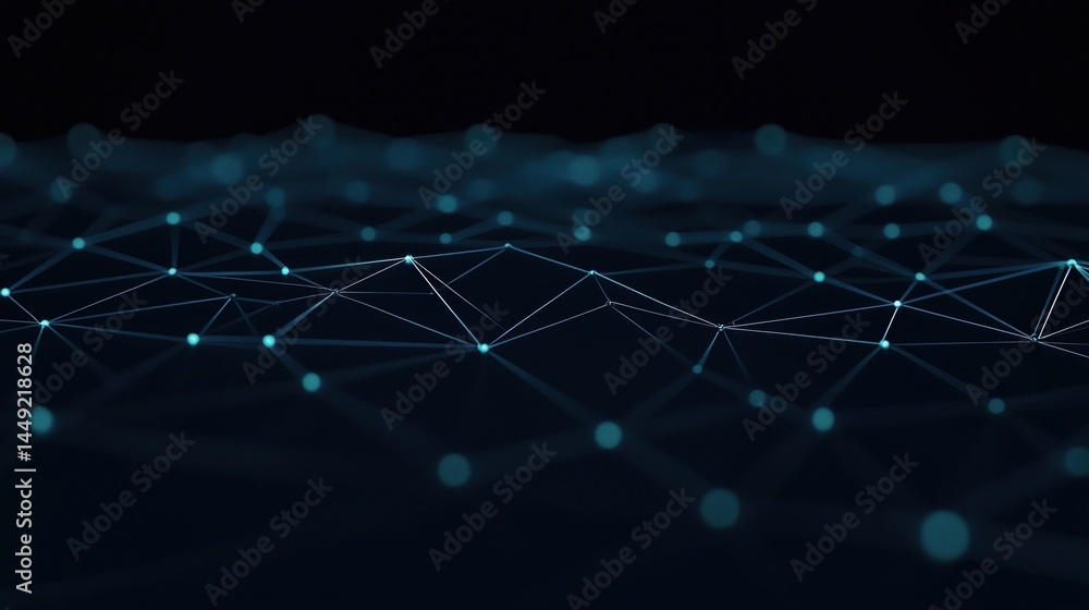 Aufkleber abstract digital network of glowing blue nodes connected by lines on a dark background.