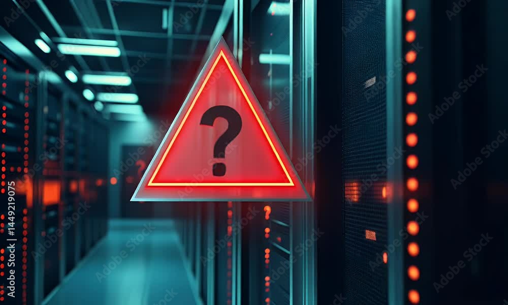 Poster a red triangle with an exclamation mark inside, floating in front of a dark, high-tech server room. 