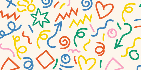 A playful background featuring a variety of handdrawn shapes in bright, bold colors. Includes hearts, zigzags, swirls, and geometric forms.