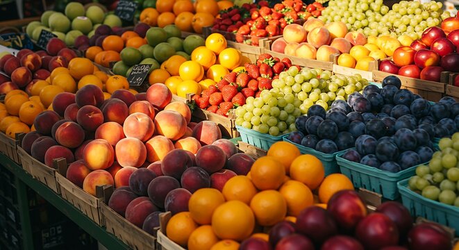 Portrait of a fruit stall at a farmers' market, colorful fruits stacked high, no people