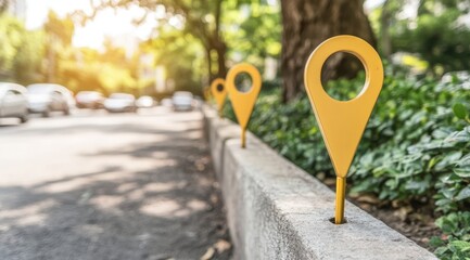 Yellow map markers along a curb, indicating locations  Sunlight filters through trees