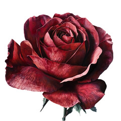 A single deep red rose, rich color and velvety petals, isolated.