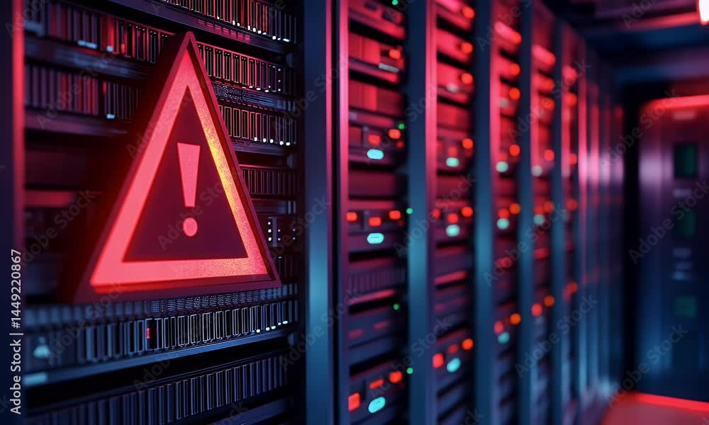 Poster red exclamation mark on a triangular sign in a server room with a data center, a concept of a chaoti