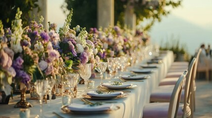 Fototapeta premium Elegant outdoor wedding reception table setting