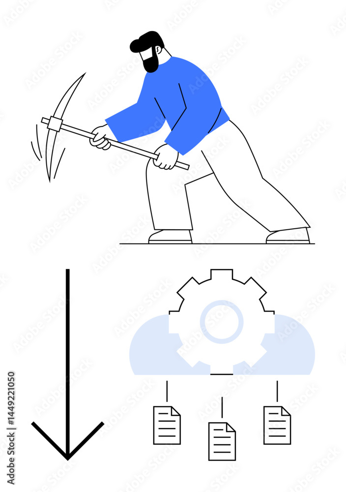 Poster man using pickaxe for mining, arrow pointing to gear with cloud and documents, symbolizing data mini