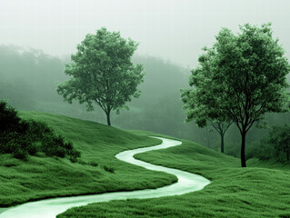 Fototapeta premium Serene landscape with winding river, green grass, lush trees, misty atmosphere, peaceful mood, nature scene