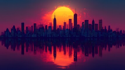 Fototapeta premium Metropolis sunset over the water horizon