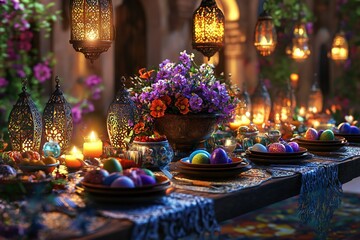 3D depiction of a traditional feast table with colorful dishes, glowing lanterns, and a centerpiece of Easter eggs and flowers, created by ai