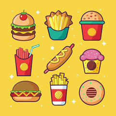 Fun Fast Food Icon Set – Burgers, Fries, Corn Dog & Donuts on Yellow Background