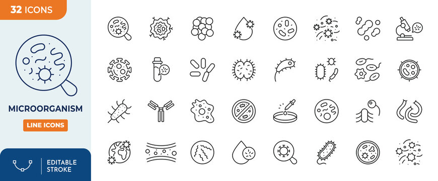 Microorganisms icon set. Outline Icon Collection. Vector illustration. Editable stroke	