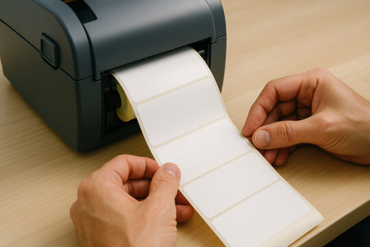 Hands preparing blank labels from printer on wooden desk