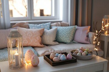 A cozy 3D living room with pastel-colored cushions, glowing lanterns, and a tray of painted Easter eggs and sweets on the coffee table,  created by ai