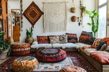 A bohemian-style lounge area with macramé wall hangings, colorful cushions, and low wooden seating, created by ai