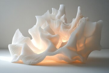 A 3D abstract sculpture with fragmented surfaces and soft, glowing highlights, created by ai