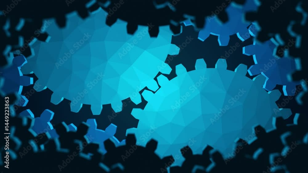 Poster low-poly gear mechanism abstract background representing teamwork, innovation, and modern technology
