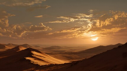 Fototapeta premium Stunning Realistic Desert Landscape with Majestic Sand Dunes and a Breathtaking Sunset Sky in the Background