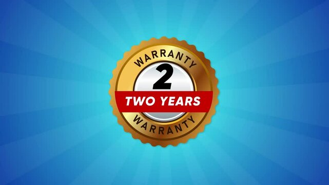 Two years warranty badge gold emblem 2 year product guarantee symbol animated promotion blue background