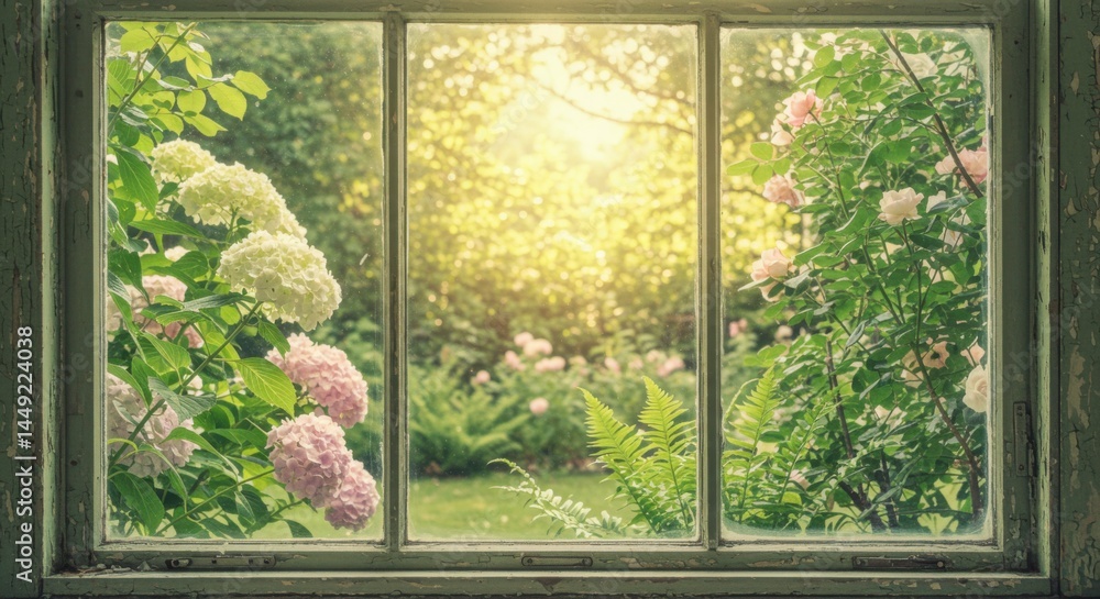 Poster sunlight streams through a window into a garden filled with flowers and greenery